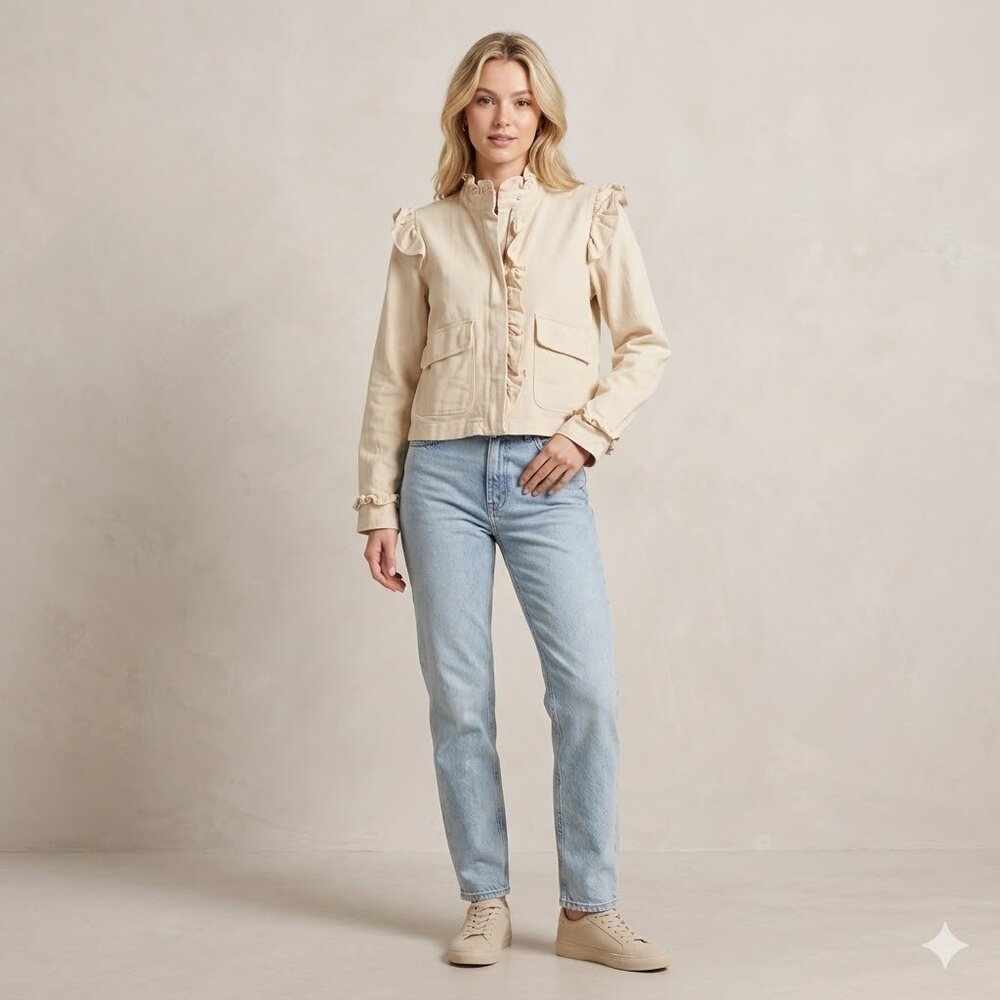 Entro NWT Women's Kimmi Ruffle Trim Utility Jacket - Cream Beige - Size Small